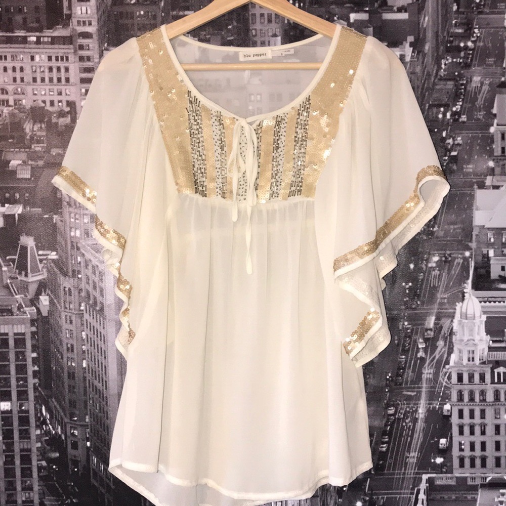 Blu Pepper | Sheer Sequined Flowy Cream Blouse